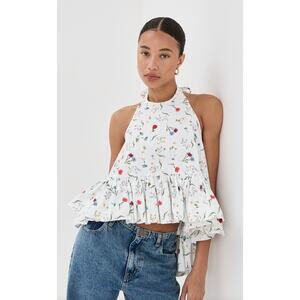 AZEEZA Winston White Floral Ruffle Poplin Halter Top WOmen's SIze Medium NWT